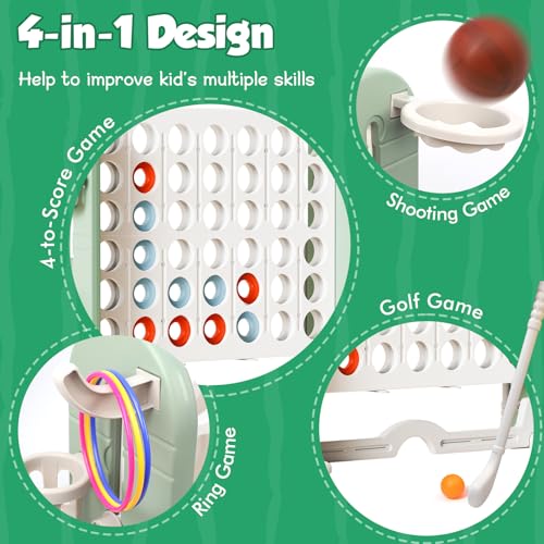 Ancaixin Giant 4 in-A-Row Connect Game Set, Adjustable Height Jumbo Yard Game with Basketball Hoop, Golf, Mesh Pocket & Ring Toss, Indoor Outdoor Family Backyard Party Game for Kids and Adults, White - color: White