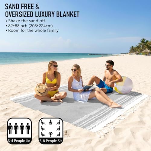 Yongoes Oversized Turkish Beach Towel Blanket Cotton Giant XL Sandproof Towels Huge Linen XXL Extra Large Big Throw Quilt Blankets for Adults Cloud Travel Camping Glamping Accessories Essentials - color: Grey Light, size: Extra Large 82"x88"（208x224cm）