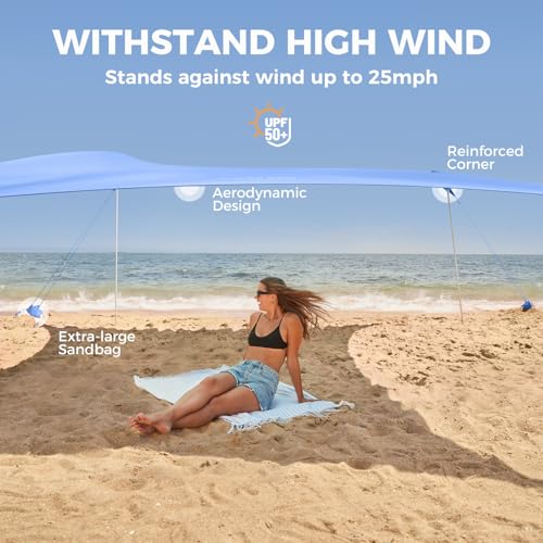 WEKAPO Beach Tent Sun Shelter - Easy Setup Beach Canopy with 4 Sturdy Poles, Large Sandbags and Shovel, 7'1'' Tall, Windproof Sun Shade for Backyard and Camping, UPF 50+ Protection - color: Periwinkle Blue, size: 9x10 FT 4 Pole