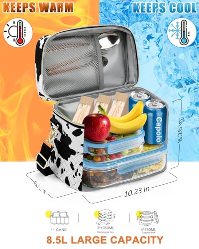 Capolo Lunch Box for Women Men Adults,Insulated Lunch Bag Leakproof Lunch Cooler Box with Removable Strap Cute Lunch Tote Bags Reusable Thermal Lunchbox for School Work Picnic(Small,Cow print) - color: Cow print, size: Small