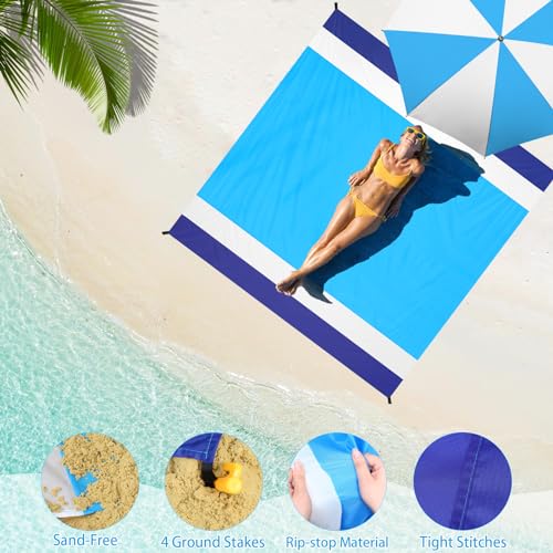 BYDOLL Beach Blanket 10'X9' Waterproof Sandproof Suits1-8 Adults Oversized Lightweight Large Blanket Picnic Mat for Beach Sand Free Travel Camping Hiking Picnic - color: Blue White, size: 10'X9'