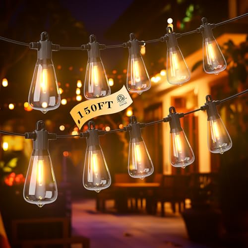 FOOMAN LED Outdoor String Lights, 150FT Outside Waterproof Patio Lights with 72+3 Shatterproof ST38 Edison Bulbs, 2700K Warm White Hanging Light, Dimmable Light for Back Yard Porch Party Gezebo - size: 150FT