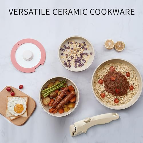 IKTU Ceramic Pots and Pans Set Non Stick Pink, 5Pcs Nonstick Cookware Set with Detachable Handle RV Camping Induction Kitchen Cookware Set Non Stick, PFAS PFOA & PTFE Free - color: Coral Pink