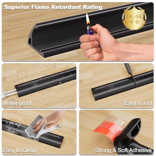 Kneelisa 4FT Side-Open Extension Cord Covers for Wires on Floor,Silicone Power Cable Protector Cord Hider Management Strip,Hide Electric Wire on Carpet,Chord Runner Protective Safety,Black - color: Black, size: 4 Feet