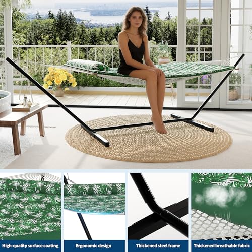 Garvee 2 Person Portable Double Hammock for Outdoor with Pillow, Heavy Duty Portable Hammock with Adjustable Steel Stand for Patio, Garden, Beach, Backyard - color: Green Banana Leaf Color, size: T-shaped Bracket