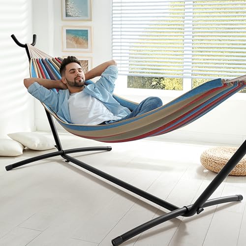 Sorbus 2-Person Luxury Hammock with Steel Stand- Premium Cotton Blend 60" Large Bed- Heavy Duty 450lbs Portable w/Carrying Case - for Garden Yard Patio Outdoor Camping Gifts- Washable - color: Blue/Sand/Purple/Red