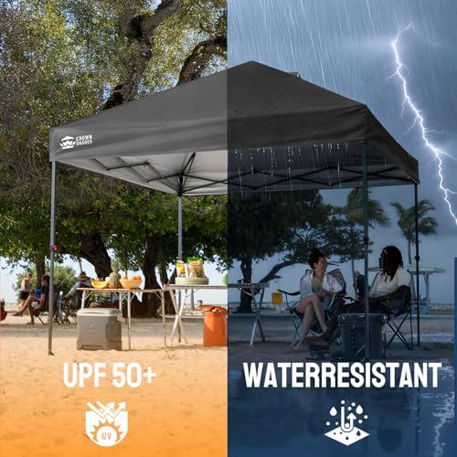 CROWN SHADES 10x10 Pop Up Canopy Tent - Patented Center Lock One Push Instant Outdoor Canopy Beach Tent with STO-N-Go Bag 8 Stakes & 4 Sand Bags，Grid Grey - style: Grid Grey