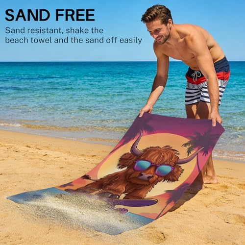 Highland Cow Beach Towel, Cute Brown Highland Cow with Sunglass Skateboarding Towels, Sunset Palm Tree Absorbent Sand-Free Bath Towels for Swimming Surfing Travel, Oversized 32x52 - color: Highland Cow