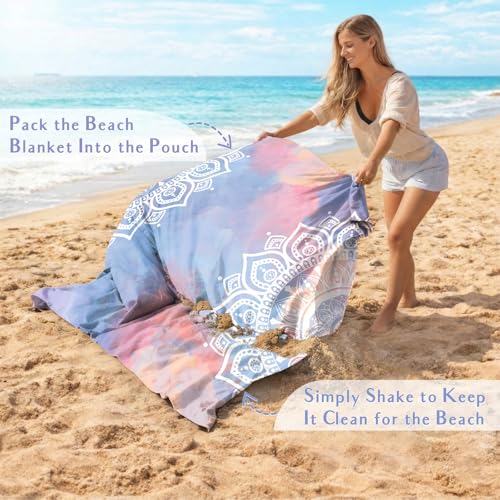 AlphaBeing Beach Blanket Waterproof Sandproof, Extra Large Beach Mat for 1–8 Adults, Oversized Picnic Blanket with 4 Stakes & Storage Bag, Essential Beach Gear for Travel - color: Mandala, size: 120“×108”