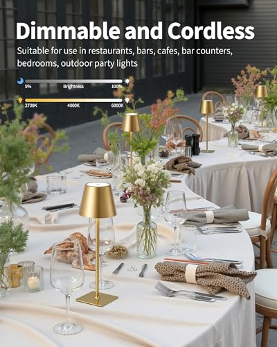 KDG 2 Pack Cordless Table Lamp, Portable LED Desk Lamps, 5000mAh Battery Operated, 3 Color Stepless Dimming Up, for Restaurant, Bedroom, Outdoor Camping, Coffee Shop, Night Light, Rechargeable (Gold) - color: Coated Gold-2