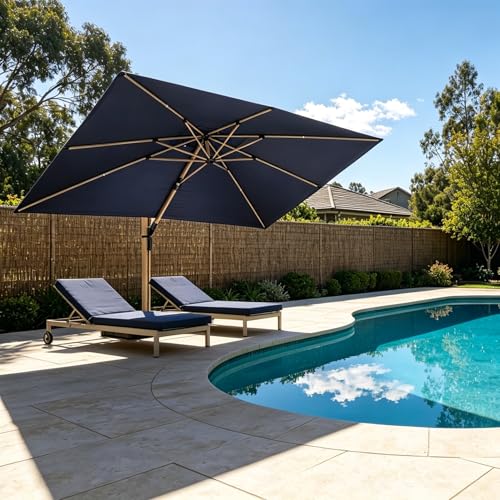 PURPLE LEAF 9' x 12' Rectangle Patio Cantilever Umbrella Large Hanging Umbrella Teak Finished Aluminum Frame Windproof Offset Outdoor Sun Umbrellas for Beach Pool Deck, Navy Blue - color: Navy Blue / Umbrella Only, size: 09' x 12'