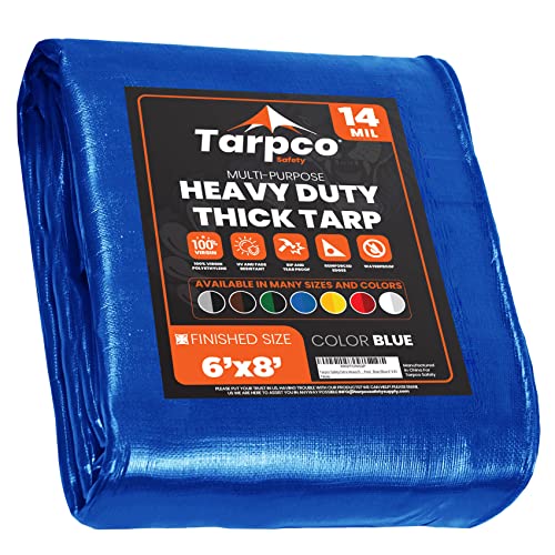 Extra Heavy Duty 14 Mil Tarp Cover, Waterproof, UV Resistant, Rip and Tear Proof, Poly Tarpaulin with Reinforced Edges for Roof, Camping, Patio, Pool, Boat (Blue 6′ X 8′) - color: Blue-14 Mil, size: 6′ X 8′