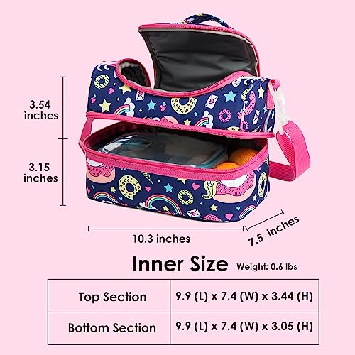 Insulated Kids Dual Compartment Lunch Bags Tote for Girls Boys Lunch Boxes Pre-School Toddler Kindergarten Picnic Camp Food Cooler Thermal with Strap - color: Blue Unicorn