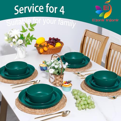 EI 12pcs Dark Green Wheat Straw Plates,Plate and Bowls Sets,Wheat Straw Dinnerware Set,Unbreakabl Plastic Plates Reusable,eMelamine Dinnerware Sets - color: Dark GreenWheat Straw Plates and Bowls