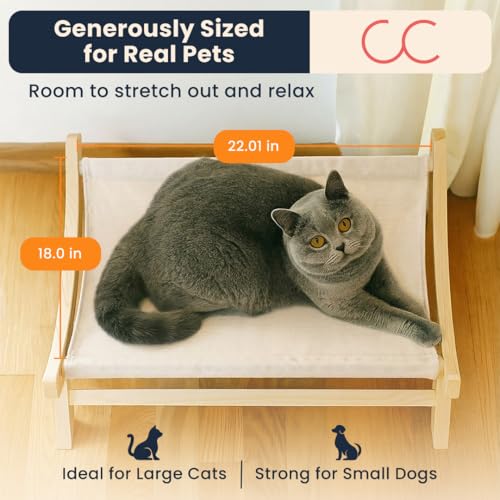 CallieCo Wooden Cat Hammock Bed, Modern Elevated Pet Lounger with Premium Wooden Frame & Breathable Fabric, Stylish Indoor & Outdoor Cat Bed for Cats & Small Dogs - Ivory - color: Ivory