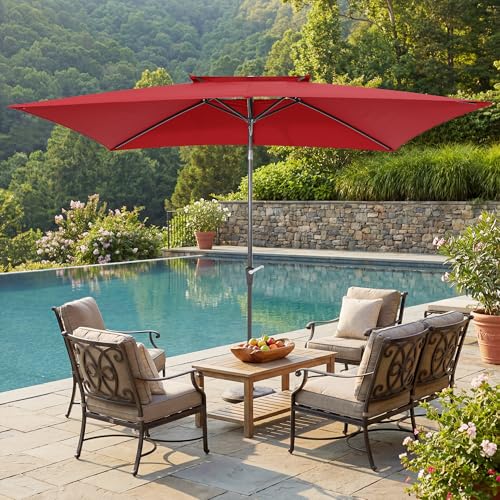 6.6 x 10 ft Rectangular Patio Umbrella, Outdoor Market Table Umbrella with Push Button Tilt and Crank, Double-Tier Vent, 6 Ribs, Rectangle Patio Umbrella for Backyard, Deck, Pool, Fits 4–6 Chairs and Tables (Wine Red) - color: Wine Red
