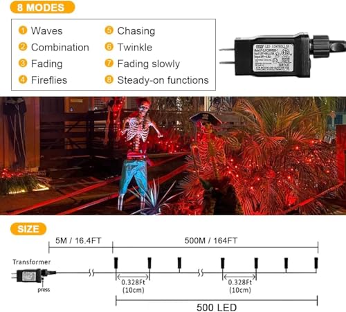 weillsnow 164FT 500 LED Orange Halloween Lights, 8 Modes Waterproof Plug in String Lights for Halloween Indoor Outdoor Yard Party Wedding Garden Home Decorations (Orange) - color: Orange, size: 164FT