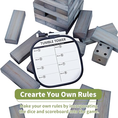 ApudArmis 54 PCS Tumble Timber Set Up to 3.2FT, Pine Wooden Tumble Tower Game with Dice and Scoreboard Set - Classic Block Stacking Board Game for Adults Teenagers (Gray) - color: Gray, size: M-Stack to 3.2 FT