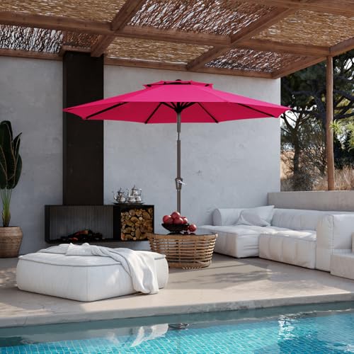 JEAREY 9' 2-Tiers Patio Umbrellas Outdoor Table Market Umbrella w/Push Button Tilt/Crank, 8 Sturdy Ribs, UV Protection Waterproof Sunproof(Rose Pink) - color: Rose Pink