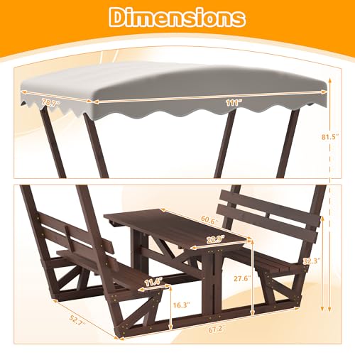 Outdoor Wooden Picnic Table with Removable Sunshade Canopy & Benches All-Weather Solid Wood Patio Dining Set for 4 6 Person Perfect for Backyard, Deck, Park, and Beach Brown - size: Table With Canopy