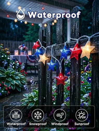 Red White Blue Stars String Lights, 8.5Ft 4th of July Decorations Lights with 10 Red White Blue Lights, Plug in Stars String Lights Outdoor for Independence Day Memorial Patriotic Party Gift Decor - color: 10 Lights Star Red White Blue