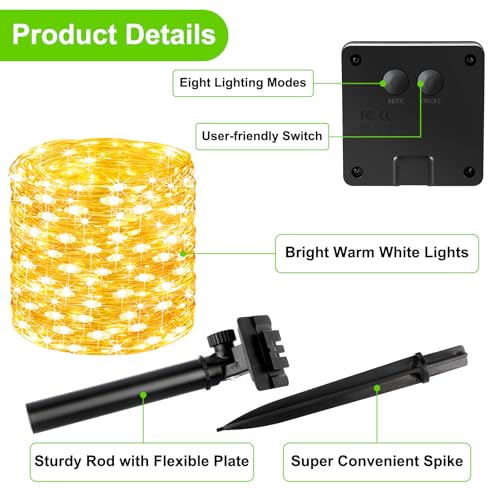 Brightever Solar Fairy Lights for Outside Waterproof, 4-Pack Total 160FT 400 LED Solar Powered Outdoor String Light with 8 Lighting Modes, Palm Tree Lights for DIY, Garden, Party (Warm White) - color: Warm White, size: 4Packs（40FT 100LED）