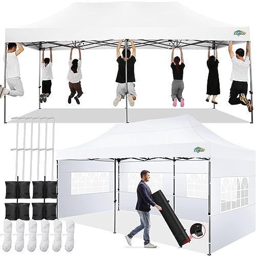 COBIZI 10x20 Pop up Canopy Tent 10x20 Canopy with 6 Sidewalls Waterproof Heavy Duty Commercial Canopy Tent for Parties Outdoor Garden Gazebo, Carry Bag with Wheel(10x20ft, White) - color: White, size: 10X20FT 6 Sidewalls