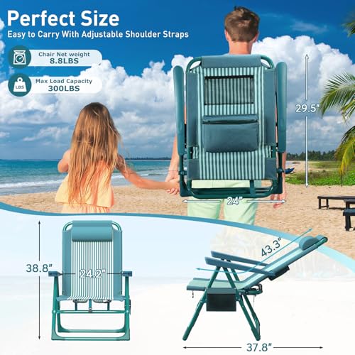 Suteck Backpack Beach Chair for Adults - 6-Position Folding Reclining Chair with Cooler Bag & Cup Holder, Lightweight Portable Beach Chair for Camping, Outdoor, Sand, Travel Use - color: Indigo White Stripes