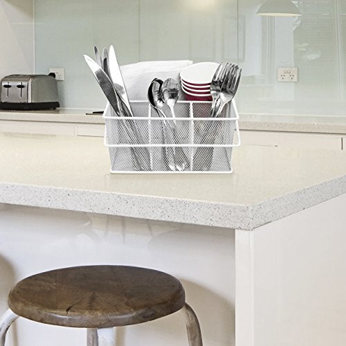 Sorbus® Utensil Caddy — Silverware, Napkin Holder, and Condiment Organizer — Multi-Purpose Steel Mesh Caddy—Ideal for Kitchen, Dining, Entertaining, Tailgating, Picnics, and much more (White) - color: White