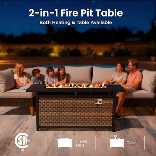 PHI VILLA 6-Piece Wicker Patio Furniture Set with Fire Pit Table, Outdoor Half-Moon Curved Sectional Sofa with Cushions, 56” Gas Fire Pit Table and Ottomans, Beige - color: Beige+fire Pit, size: 7 Seats - Curved