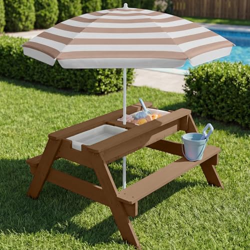 Best Choice Products Kids Picnic Table with Umbrella, 3-in-1 Sand & Water Table, Outdoor Convertible Picnic Table for Toddlers, Seats 4, Removable Top, 2 Buckets - Walnut/Beige - color: Walnut/Beige