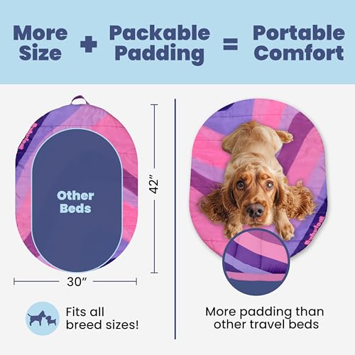 Travel Dog Bed (42" x 30")- Foldable & Packable for Travel, Road Trip, Camping– Lightweight, Water Resistant & Cozy with Soft Padding– Compact, Portable & Machine Washable– Large & Small Breeds: Pink - color: Pink Horizon