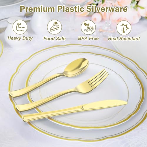 Dealusy 200 Count Heavy Duty Gold Plastic Silverware, 100 Forks, 50 Spoons, 50 Knives, BPA-Free, Heat Resistant, Disposable Plastic Utensils Set Cutlery Set, Plasticware Bulk - color: Gold
