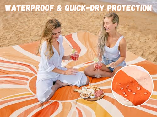 AlphaBeing Beach Blanket Waterproof Sandproof, Extra Large Beach Mat for 1–8 Adults, Oversized Picnic Blanket with 4 Stakes & Storage Bag, Essential Beach Gear for Travel - color: Sun, size: 79“×83”