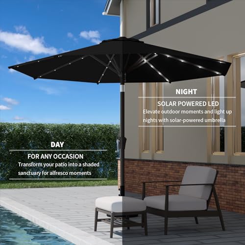 9FT Patio Umbrella with Solar Lights,Outdoor Market Umbrella with Tilt and Crank, LED Lighted Table Umbrella for Garden,Deck,Backyard,Pool,Beach (Black) - color: Black