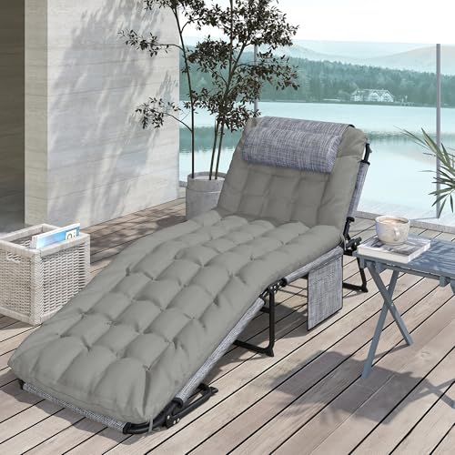 Outsunny Folding Chaise Lounge with 4-Level Reclining Back, Outdoor Tanning Chair with Cushion, Outdoor Lounge Chair with Breathable Mesh Fabric, Side Pocket, Headrest, Gray - color: Grey