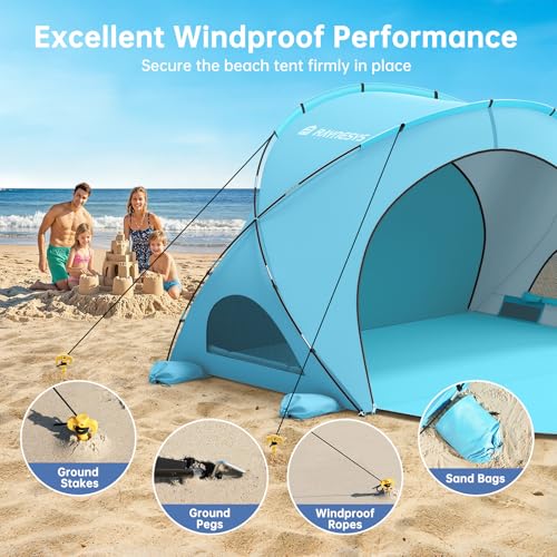 Raynesys Beach Tent Sun Shelter, Beach Shade Tent with UPF50+ UV Protection, Sun Shelter for 1-4 Person, Beaches Shade with 2 Zippered Doors, Portable Tents for Camping Fishing, Light Blue - color: Light Blue, size: For 4 Person