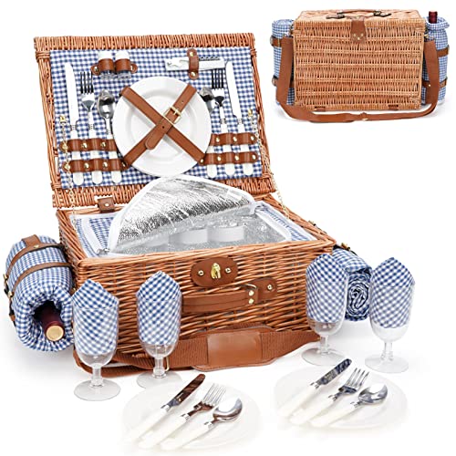 Picnic Basket for 4, Insulated Willow Picnic Baskets with Shoulder Strap, Picnic Hamper with Waterproof Picnic Blanket, Handmade Wicker Hamper for Outdoor, Great Gifts for Thanksgiving, Christmas - style: BlueCheck-4P
