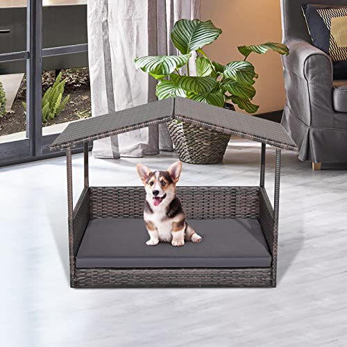 Tangkula Wicker Dog House, Indoor Outdoor Raised Rattan Dog Bed w/Removable Cushion, Washable Cover, Weatherproof Roof, Rattan Puppy Shelter w/Elevated Floor for Small Medium Dogs (Grey) - style: Grey