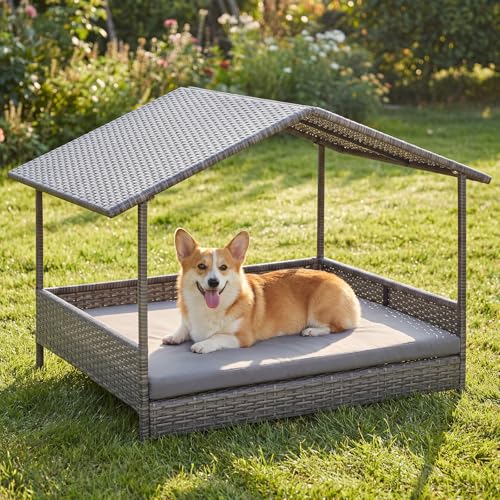 Giantex Outdoor Wicker Dog House with Roof Canopy, Elevated Rattan Dog Bed with Washable Cushion, Weatherproof Patio Pet Bed for Small Medium Dogs, Heavy Duty Metal Frame, 165 lbs, Gray - style: Gray House & Gray Cushion