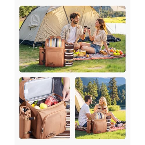 VEVOR Picnic Backpack, Beach Picnic Backpack Bag for 4 Person with Insulated Cooler Compartment, Detachable Bottle/Wine Holder, Lightweight Blanket, Plates and Cutlery Set for Hiking & Camping, Brown - size: double layer for 4 & browne