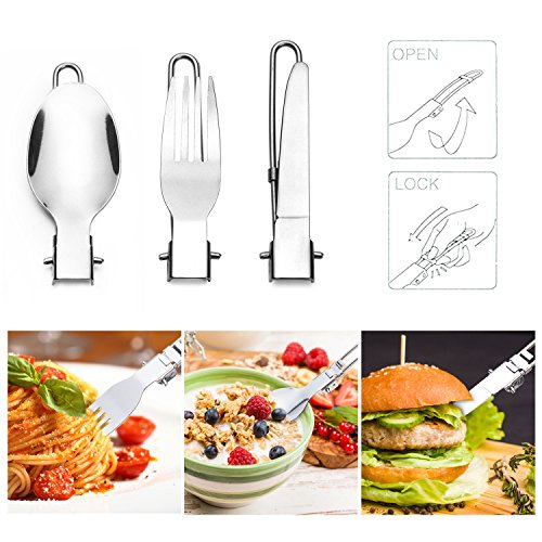 Odoland Camping Cookware Stove Carabiner Canister Stand Tripod and Stainless Steel Cup, Tank Bracket, Fork Spoon Kit for Backpacking, Outdoor Camping Hiking and Picnic - color: Green
