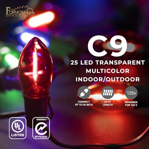 C9 26ft Indoor/Outdoor Transparent Multicolor LED Christmas String Lights with 25 Bulbs and E17 Base | 120V, 0.6W - style: Multicolor LED