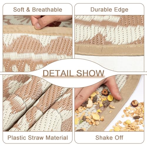 Capslpad 8x8 Floral Outdoor Rug for Patio Clearance Reversible Mat Round Portable Plastic Straw Carpet Waterproof Boho Indoor Outside Area Rugs for RV Camping Picnic Balcony Beach Deck, Light Beige - color: Light Beige, size: 8' (Round)
