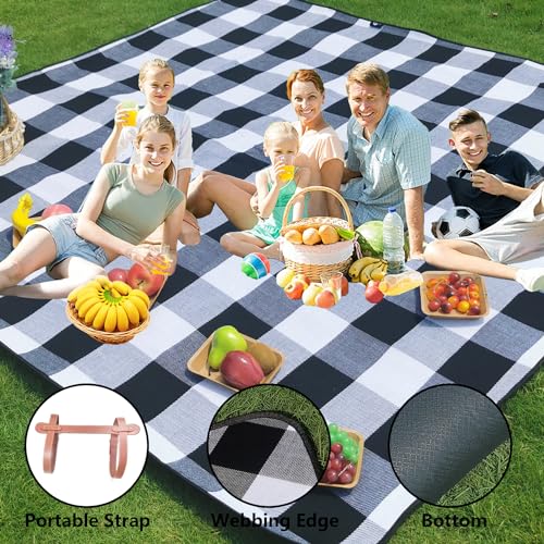79”x79” Picnic Blanket Extra Large, Waterproof and Foldable Beach Blanket, 3-Layer Outdoor Blanket for 6 to 8 Adults, for Camping, Park, Beach, Grass, Indoors - color: Black and White Grids