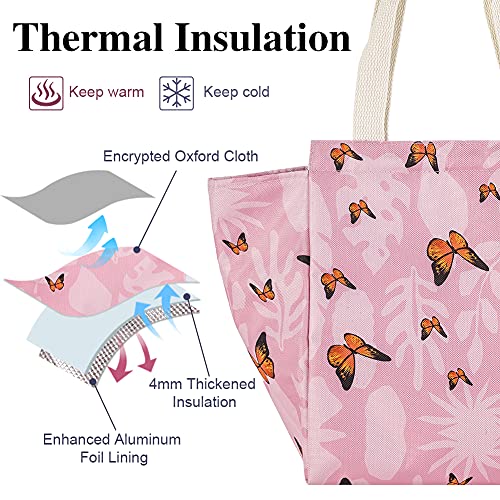 iknoe Insulated Lunch Bag for Women, 9L Sturdy Wide-Open Foldable & Portable Lunch Tote with Interior Pockets, Water-resistant Thermal Lunch Cooler for Adults Picnic Beach-Pink Butterfly - color: Pink Butterflies, size: Velcro Closure
