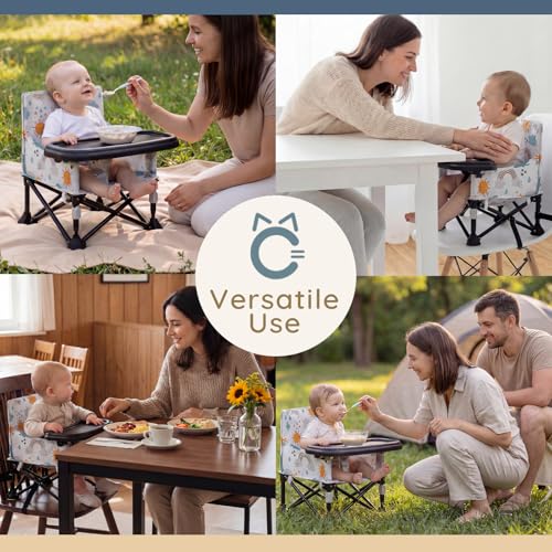 Toddler Booster Seat for Kitchen Chair & Travel - Portable Foldable with Removable Tray, Baby Camping Chair 6-36 Months Indoor Outdoor (White Cloud Design) - color: Little Sun Baby Seat