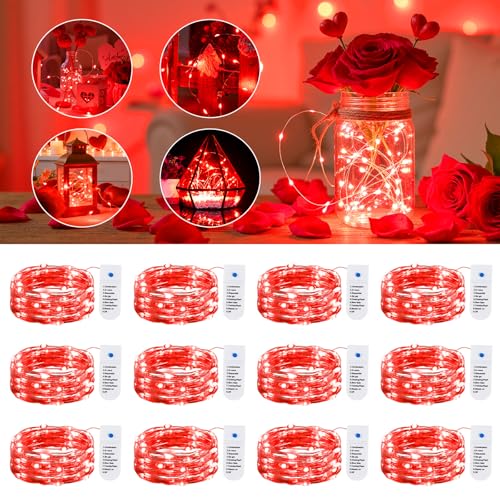 Minetom 12 Pack Red Christmas Lights, 7ft 20 LED Fairy Lights Battery Operated String Lights, Valentines Day Decorations, 8 Modes Waterproof Silver Wire Twinkle Lights, Valentine's Day Lights - color: Red, size: 12 Pack