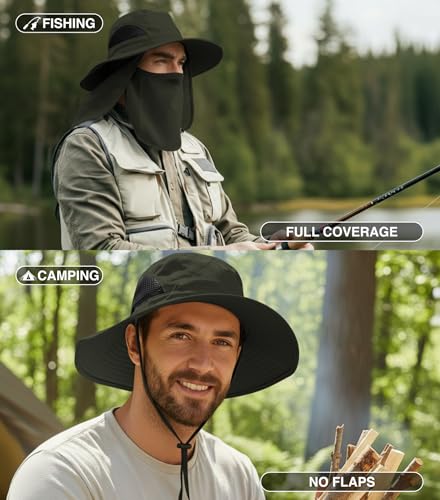 GearTOP Wide Brim Sun Hat for Men & Women, UPF 50+ Fishing Hat with Detachable Neck Flap & Face Cover Gardening Boonie Sunhat - color: Army Green With Flaps & Face Cover