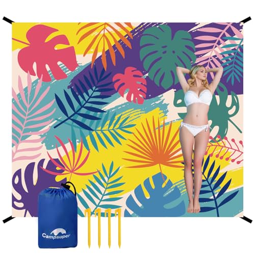 Beach Blanket Waterproof Sandproof Oversized 95”x 80”,Sand Free Beach Mat with Corner Pockets,Portable Mesh Bag for Beach Festival,Picnic,Travel and Outdoor Camping (Colorful Leaves)